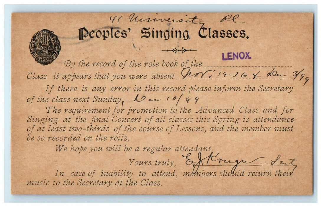 1899 Peoples Singing Classes Truant Absent Warning New York NY PMC Postcard