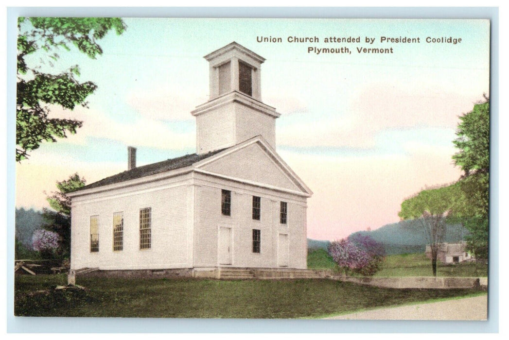 Union Church Attended President Coolidge Plymouth Vermont Handcolored Postcard