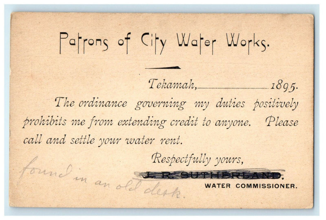 1895 Patrons of City Water Works, Settle Water Rent Unposted Postcard