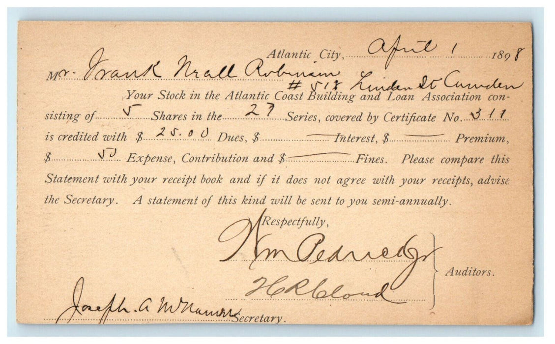 1898 Atlantic Coast Building and Loan Association Atlantic City NJ Postcard