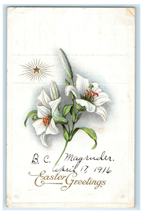 1916 Easter Greetings Stargazer Lily Flowers Embossed Antique Postcard