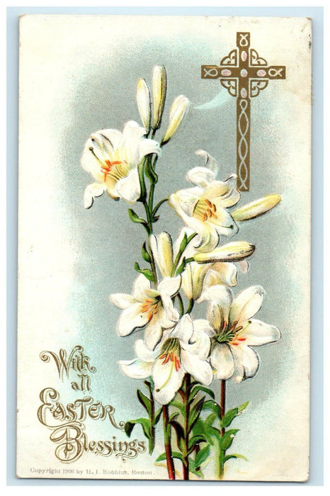 1908 Easter Greetings Stargazer Lily Flowers Cross Gold Embossed Postcard