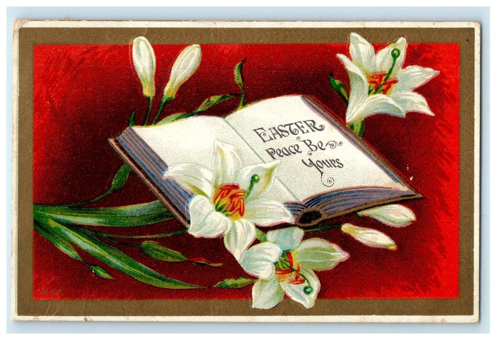 1913 Greetings Easter Book Stargazer Lily Flowers Glitter Antique Postcard