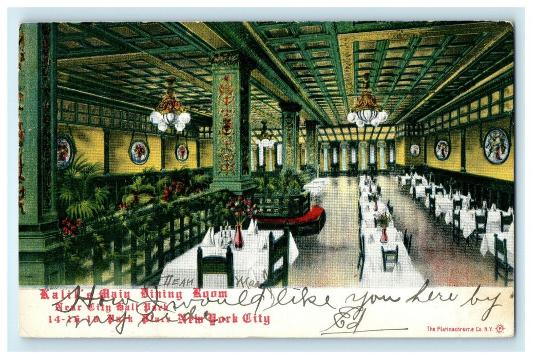 1906 Kalil's Main Dining Room Restaurant Park Place New York NY Antique Postcard