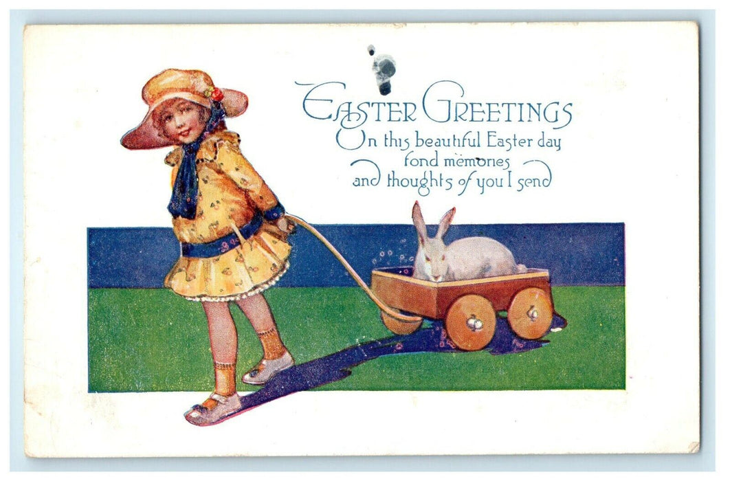 c1910's Easter Greetings Girl Pulling Rabbit In Cart Posted Antique Postcard