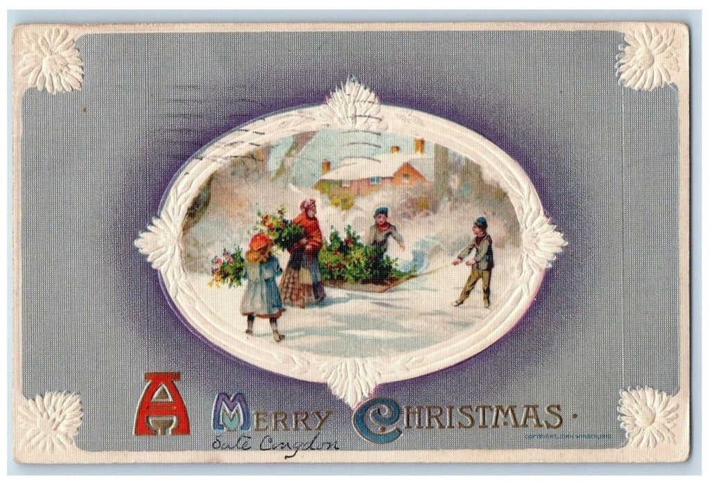 1910 Christmas Boys Pulling Holly Berries Winter Snow John Winsch Postcard