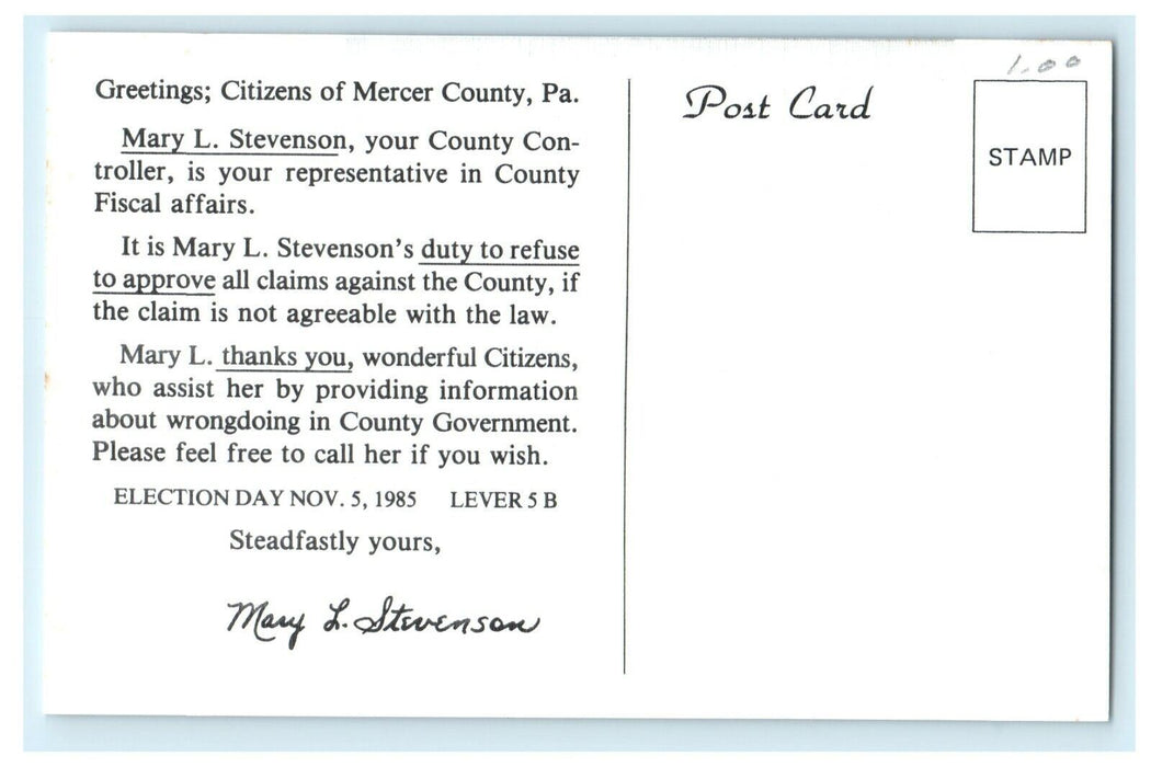 1985 Mary Cares Political Greetings From Mercer County Advertising PA Postcard