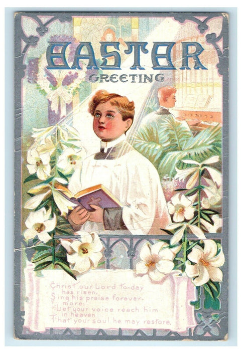 1914 Greetings Easter Boy Holy Bible Book And Flowers Embossed Antique Postcard