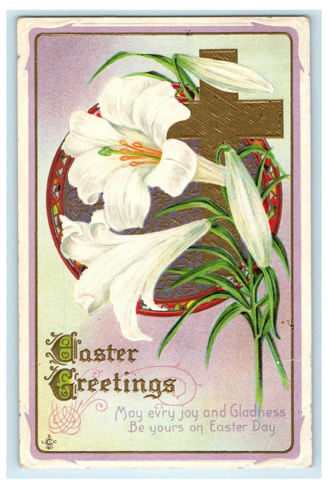 c1910's Easter Greetings Stargazer Lily Flowers Gold Cross Embossed Postcard