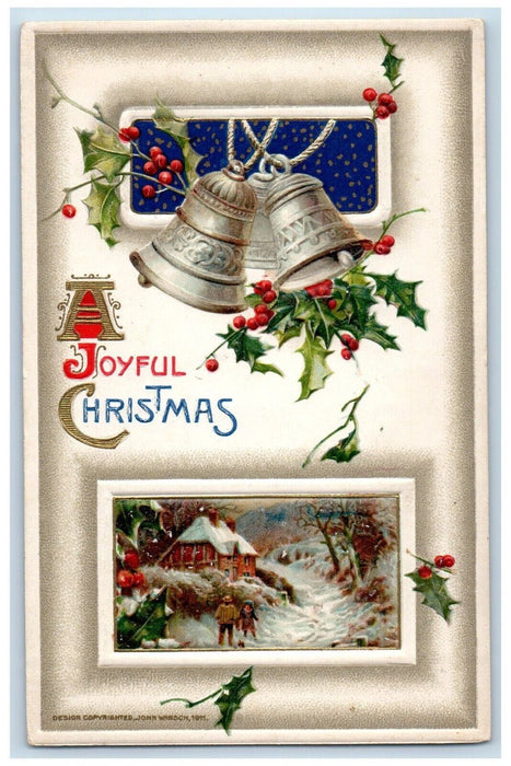 c1910's Christmas Holly Bells House Winter Snow John Winsch Embossed Postcard