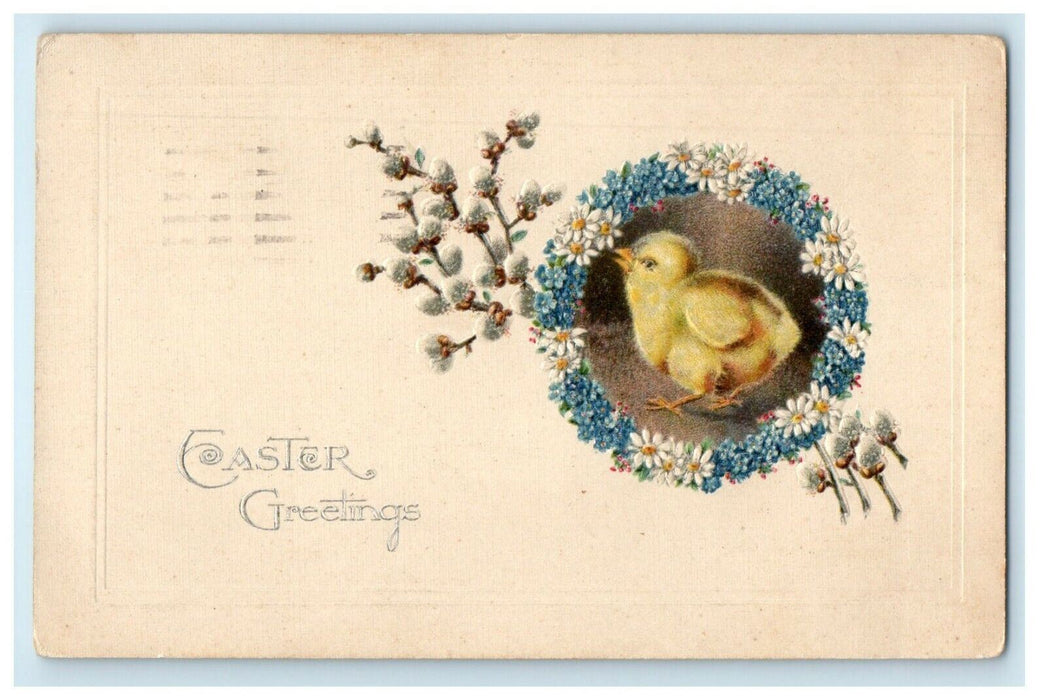 1923 Easter Greetings Chick In Circle Floral Flowers Embossed Antique Postcard