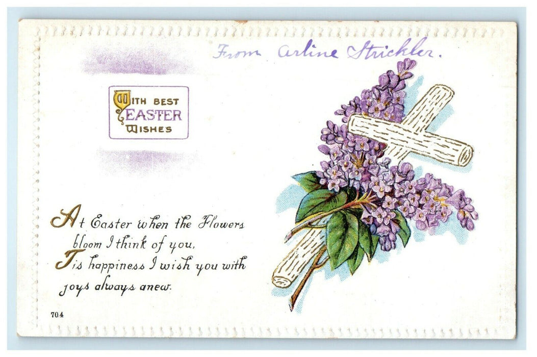 c1910's Greetings Easter Cross With Purple Pansies Flowers Embossed Postcard