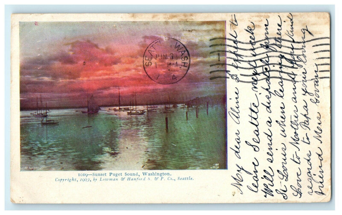 1904 Sunset Sailing Boat Puget Sound Washington WA Posted Antique Postcard