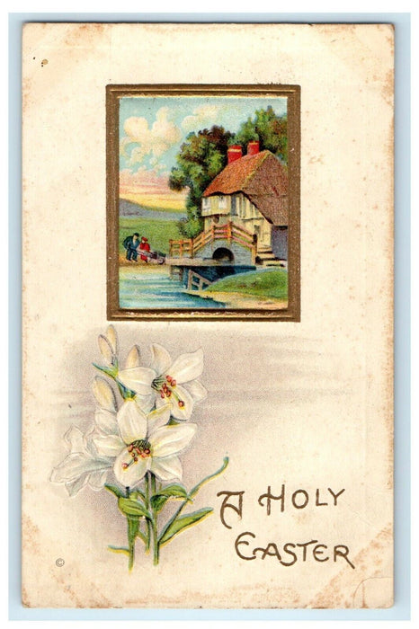 c1910's Easter Greetings Lily Flowers And House Embossed Antique Postcard