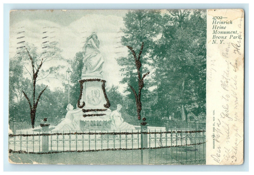 1905 Heinrich Heine Monument Bronx Park New York NY Germany Glitter Postcard