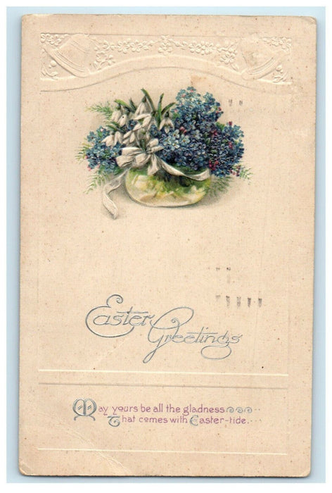 1923 Easter Greetings Blue Pansies Flowers In Vase Embossed Antique Postcard