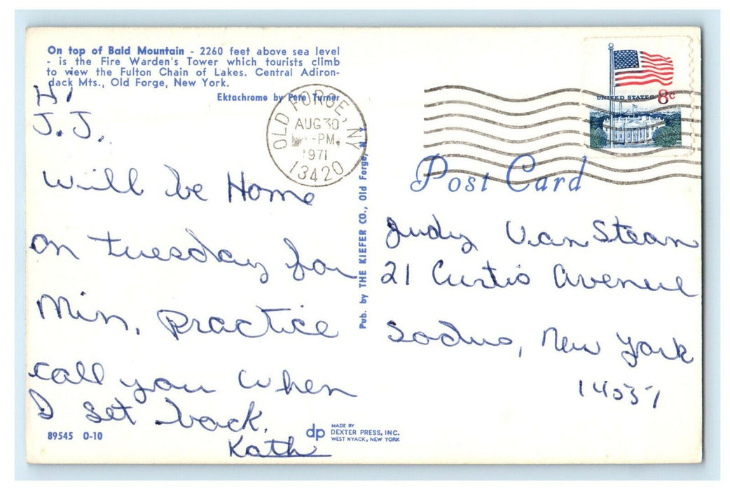 1971 Fire Warden's Tower Bald Mountain Old Forge New York NY Postcard