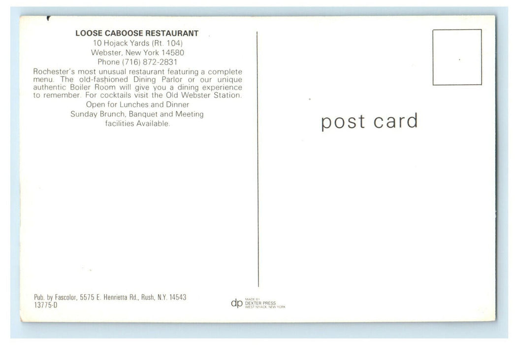 Loose Caboose Restaurant 10 Hojack Yards (Rt. 104) Webster New York NY Postcard