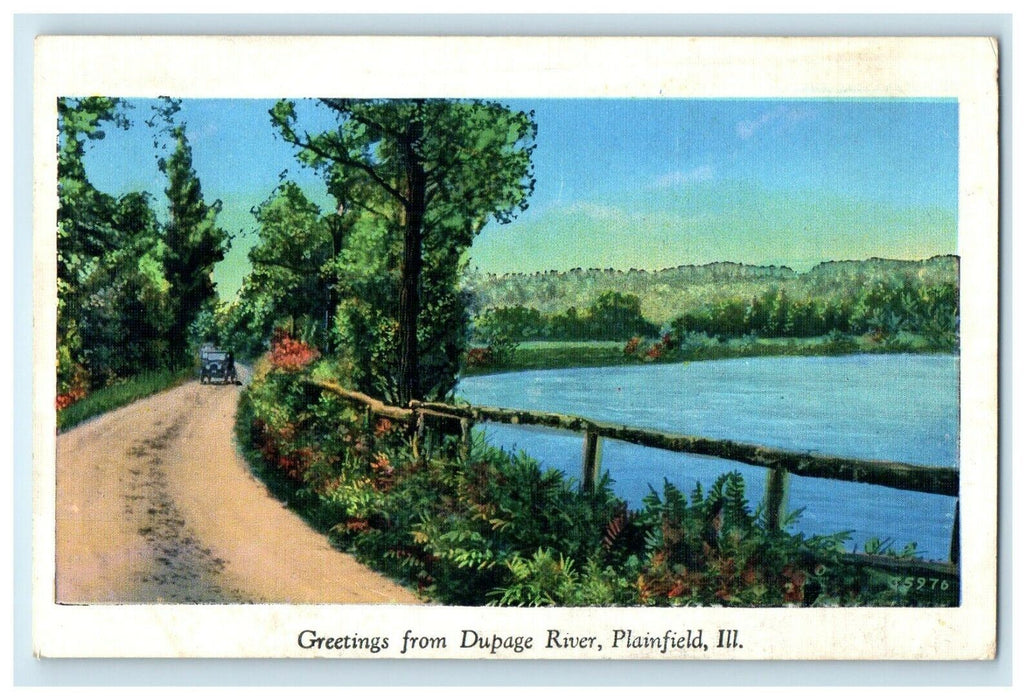 1941 Greetings From Dupage River Plainfield Illinois IL, Road Car Postcard