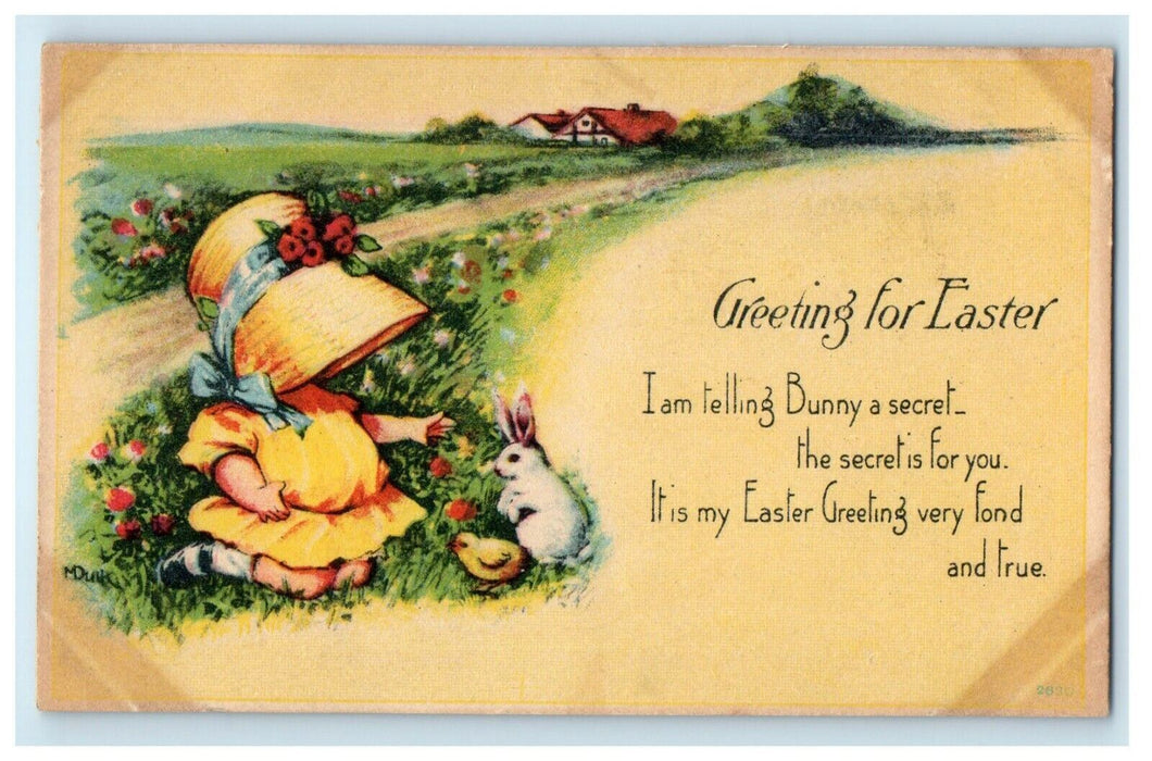 c1910's Greetings Easter Little Girl Flowers Hat Bunny Rabbits Chick Postcard