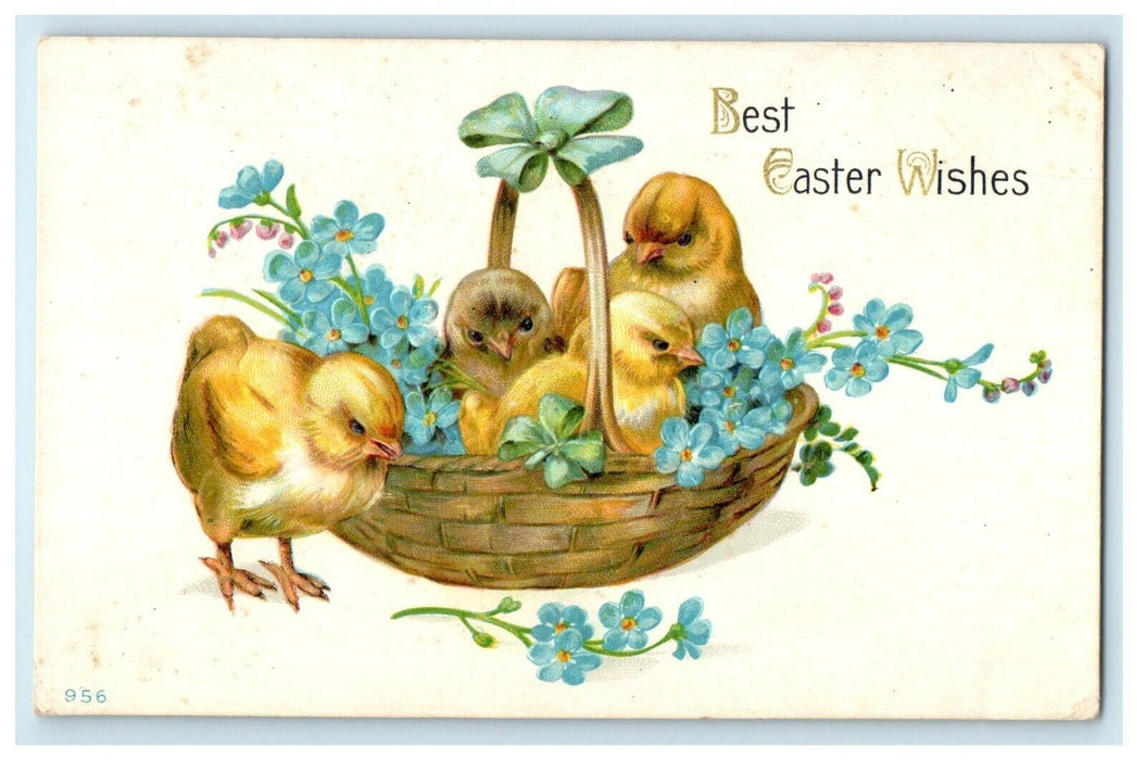 c1910's Greetings Easter Chick And Flowers In Basket Embossed Antique Postcard