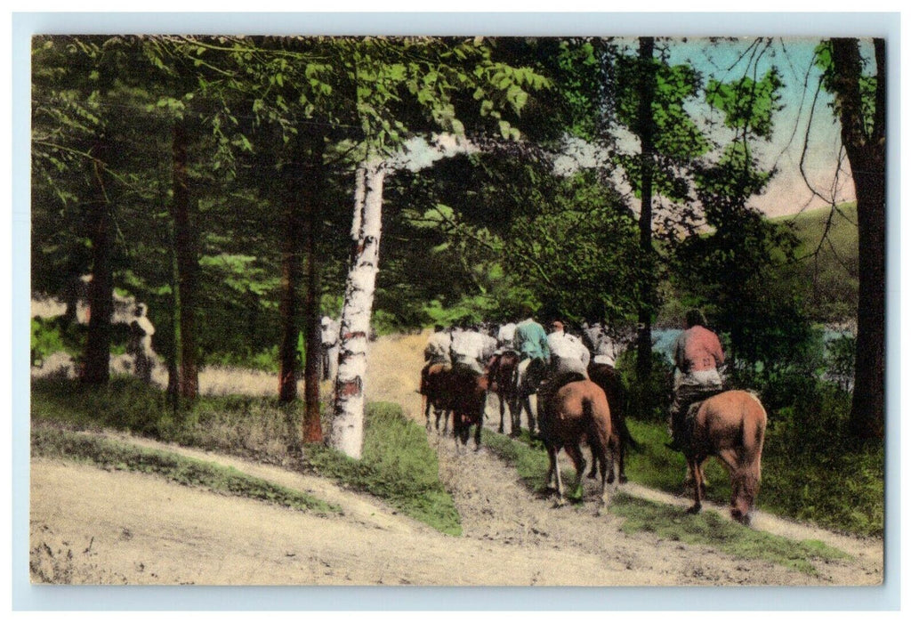 c1930's Woodstock Vermont VT, Trail Horseback Riding Handcolored Postcard