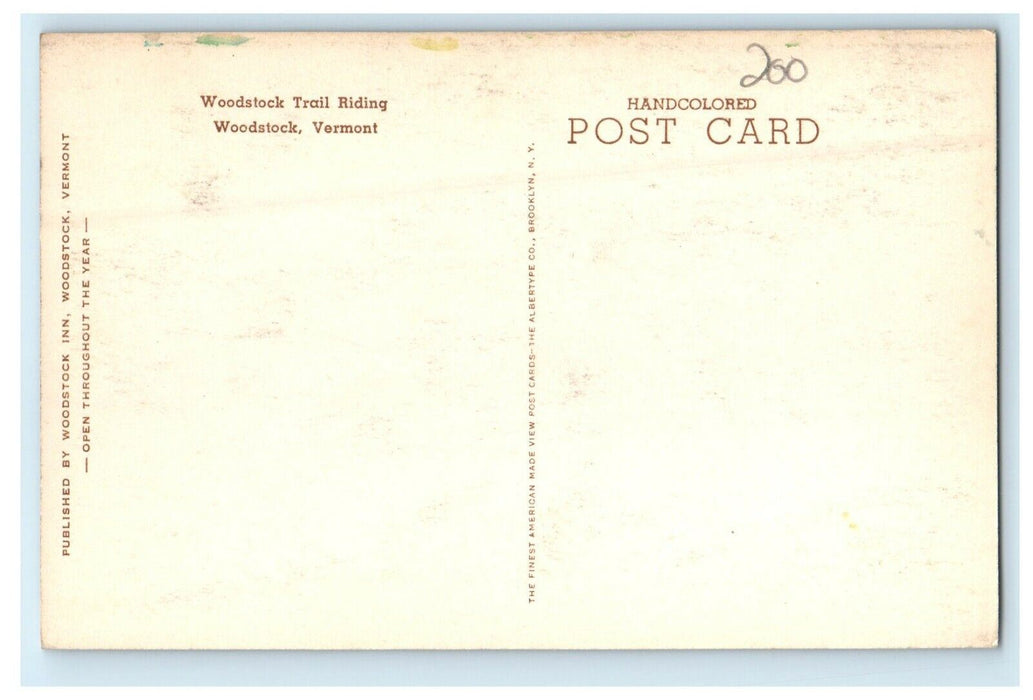 c1930's Woodstock Vermont VT, Trail Horseback Riding Handcolored Postcard