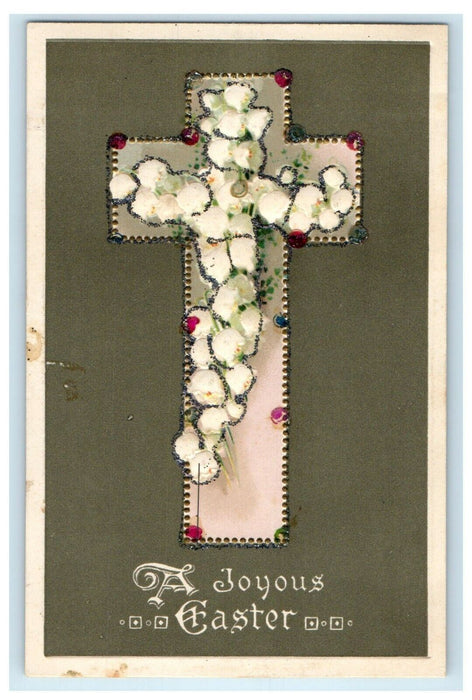 c1910's Greetings Easter Cross And Lily Flowers Embossed Glitter Postcard