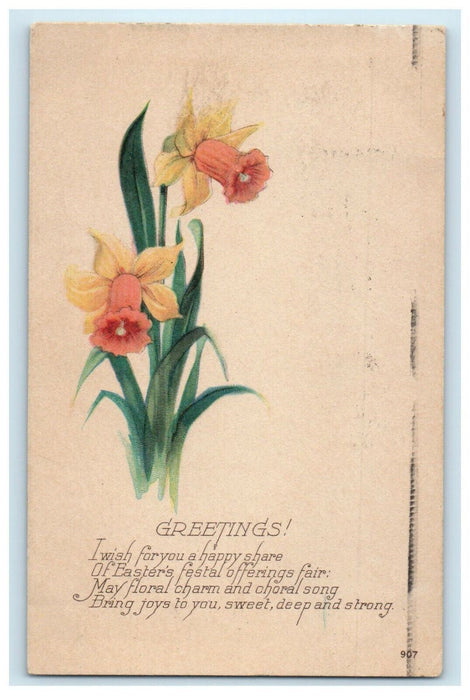 1904 Greetings Easter Floral Yellow Flowers Posted Antique Postcard