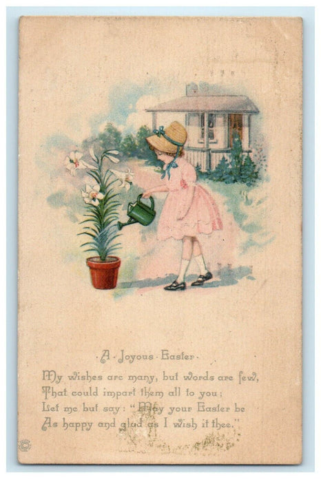 1923 Greetings Easter Little Girl Watering Stargazer Lily Flowers Pot Postcard