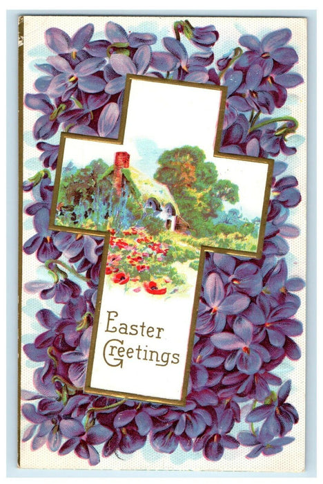 c1910's Easter Greetings Gold Cross And Purple Pansies Flowers Antique Postcard