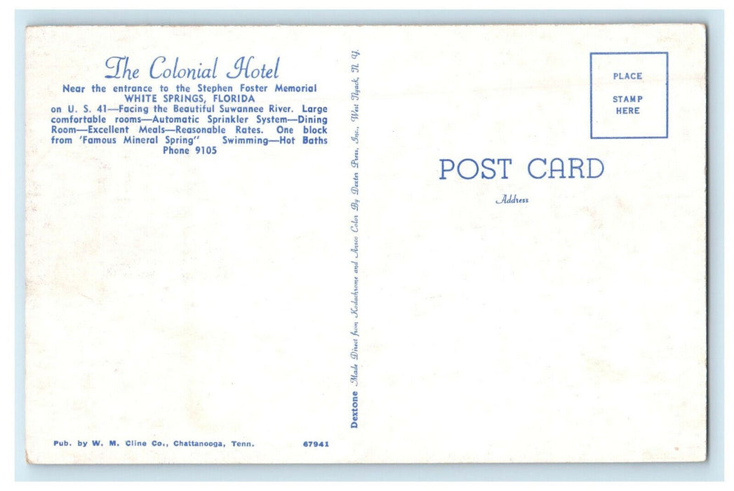 Stephen Foster Memorial, The Colonial Hotel, White Springs Florida FL Postcard