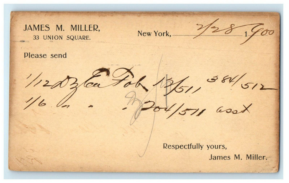 1900 James M Miller 33 Union Square, New York NY Posted Antique PMC Postcard