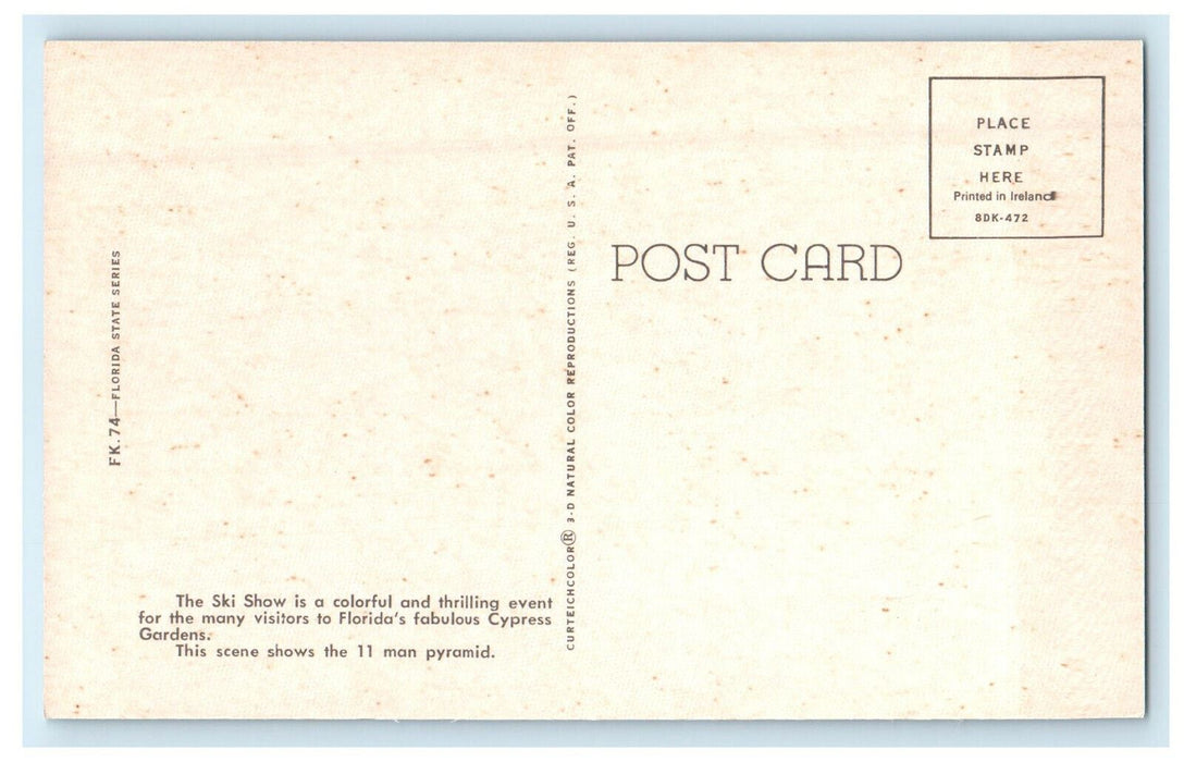 The Ski Show, 11 Man Pyramid, Cypress Gardens Florida FL Unposted Postcard