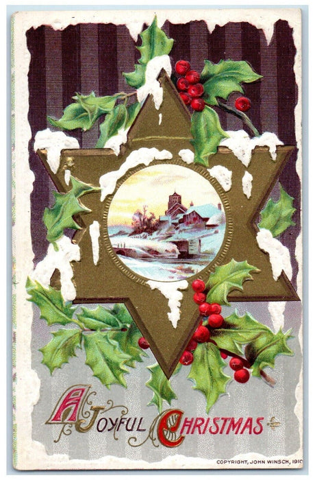 c1910's Christmas Holly Berry Snow Winter Star John Winsch Embossed Postcard