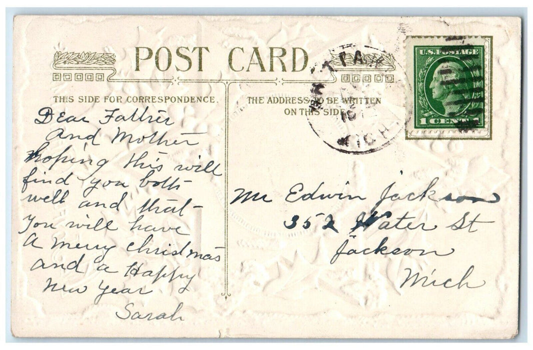 c1910's Christmas Holly Berry Snow Winter Star John Winsch Embossed Postcard