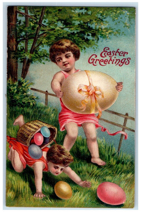 1910 Easter Greetings Little Boys Collected Eggs Fell Pittsburg PA Postcard