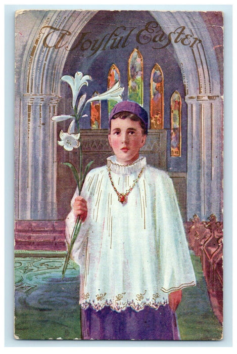 c1910's Greetings Easter Boy Holding Stargazer Lily Flowers Gold Gilt Postcard