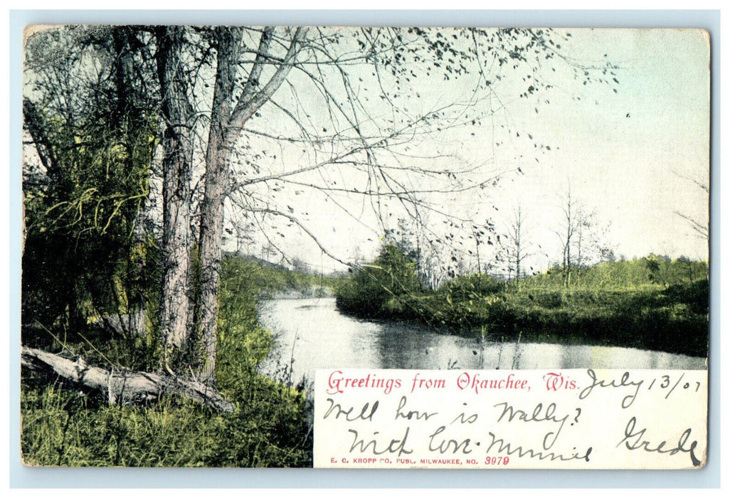 1907 Trees & River, Greetings from Okauchee Wisconsin WI Posted Antique Postcard