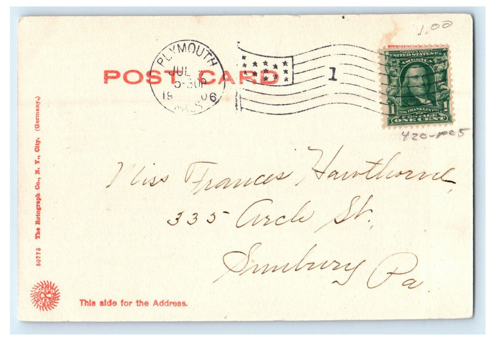 1906 Pilgrim Hall, Plymouth Massachusetts MA Posted Antique Postcard