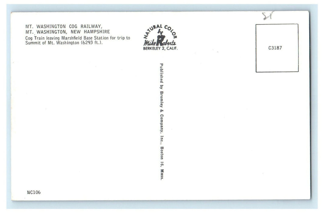 Mt. Washington Cog Railway Mt. Washington New Hampshire NH Postcard