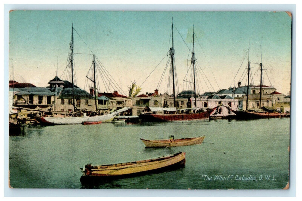 c1910's View Of The Wharf Barbados B.W.I. Canoe Boat Posted Antique Postcard
