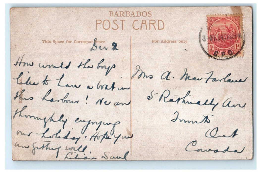 c1910's View Of The Wharf Barbados B.W.I. Canoe Boat Posted Antique Postcard