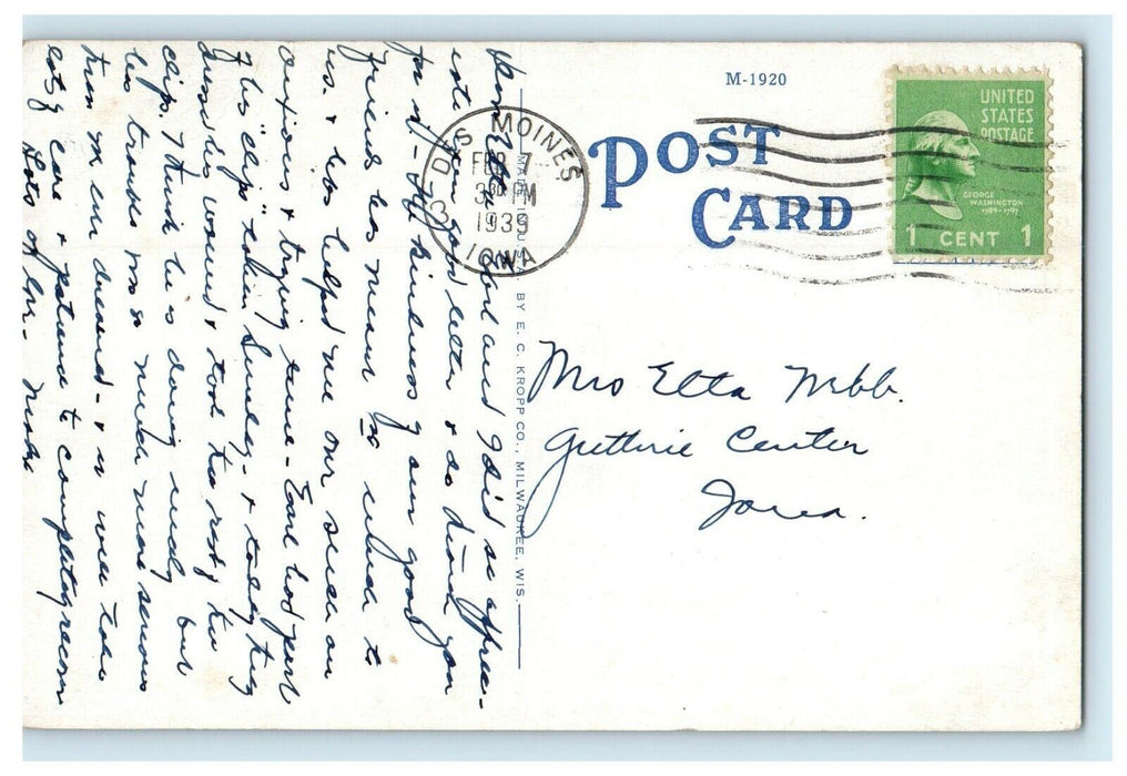 1939 Main Bldg. Iowa Lutheran Hospital Des Moines IA Posted Vintage Postcard