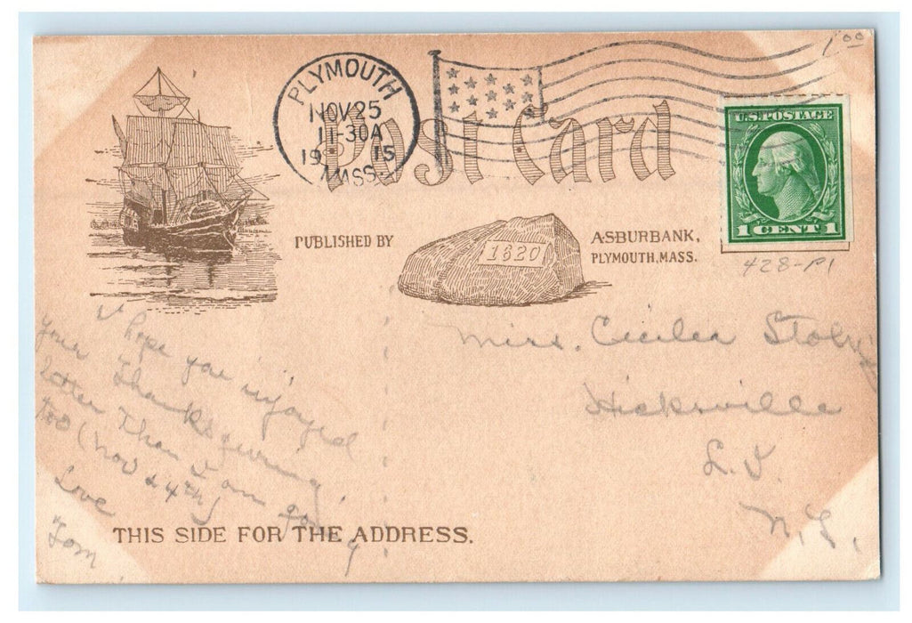 1915 A Pilgrim Meerstead Plymouth Massachusetts MA Posted Postcard