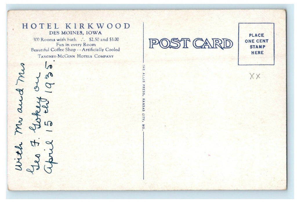 1935 Hotel Kirkwood Building Des Moines Iowa IA Vintage Postcard