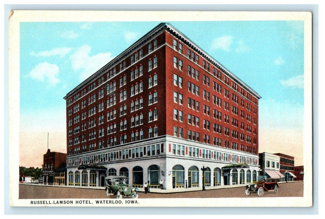 c1920's Russell Lamson Hotel Building Cars Waterloo Iowa IA Vintage Postcard