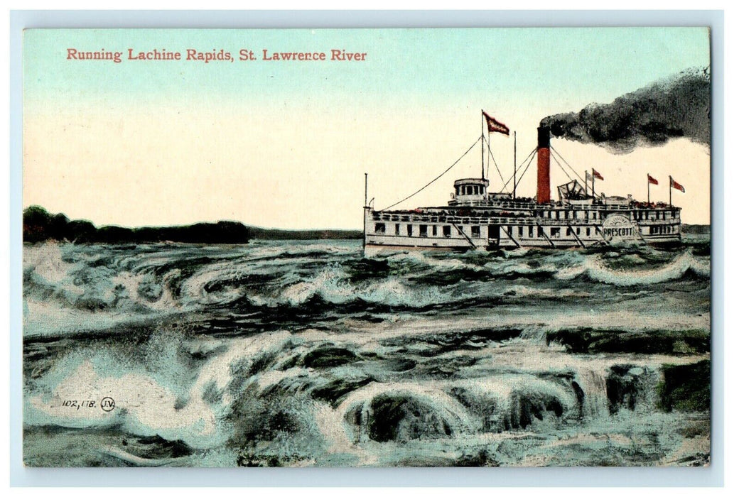 Steamboat Running Lachine Rapids St. Lawrence River Canada Antique Postcard