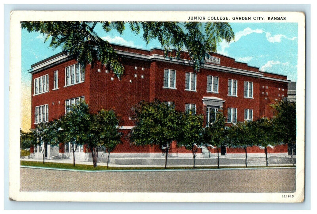 c1920's Junior College Building Street Scene Garden City Kansas KS Postcard