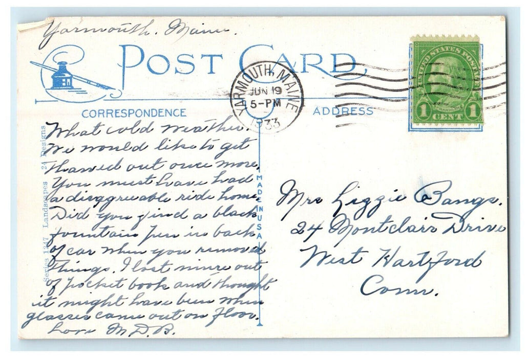 1933 Greetings From Yarmouth Maine ME Posted Vintage Postcard